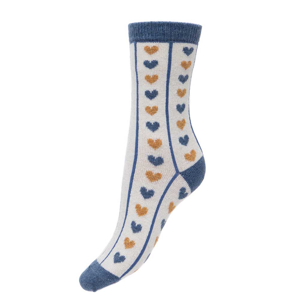 Cream wool blend socks with blue lines and hearts