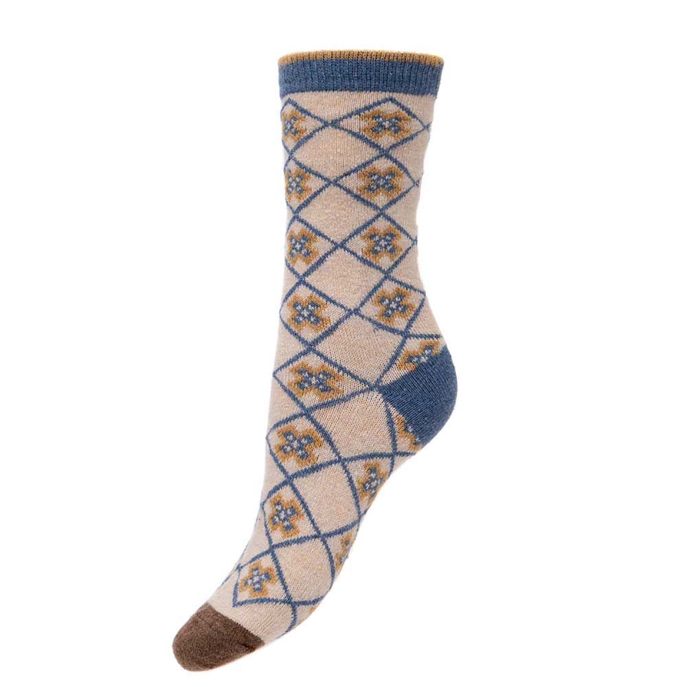 Fawn wool blend socks with blue criss cross and cross pattern
