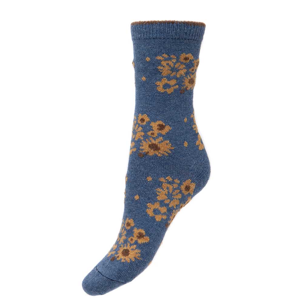 Blue wool blend socks with sunflowers