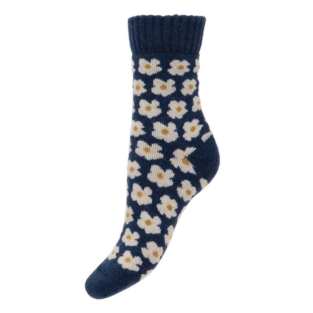 Thick blue wool blend socks with ribbed cuff and Daisies