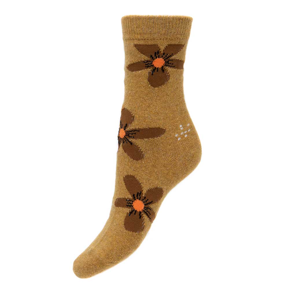 Mustard wool blend socks with brown flowers