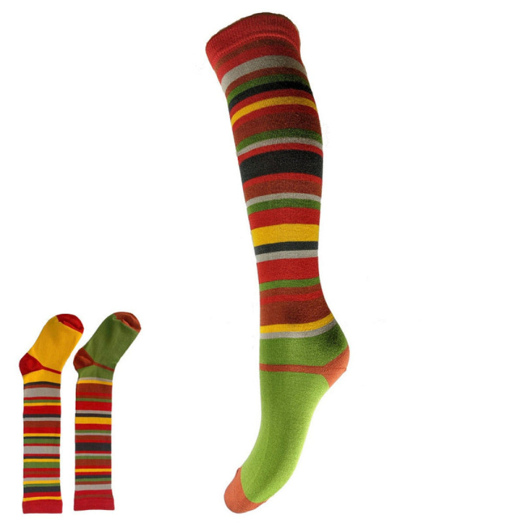 Knee high bamboo socks with green, red black and yellow stripes. one green foot and one yellow foot, size 4-7 UK