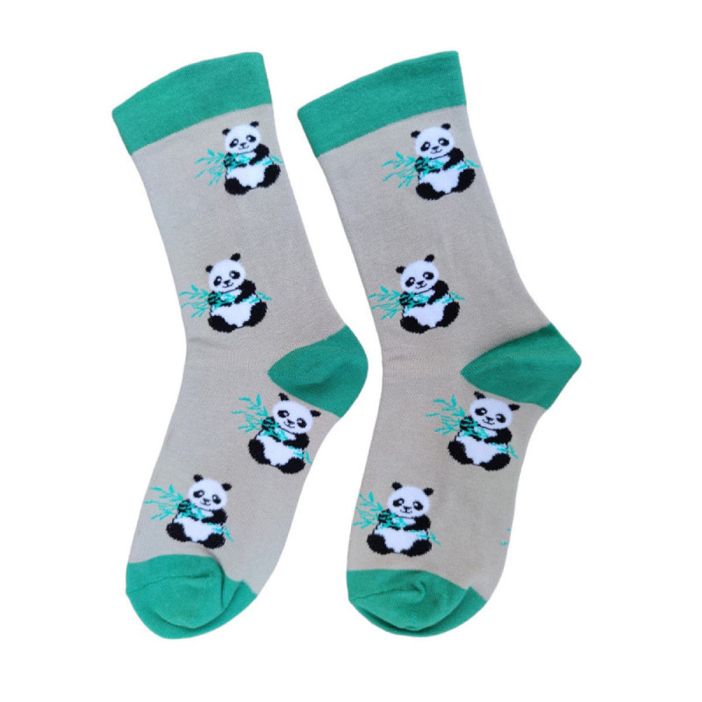 Grey bamboo socks with green heel toe and cuff, Panda bear motif, size 4-7