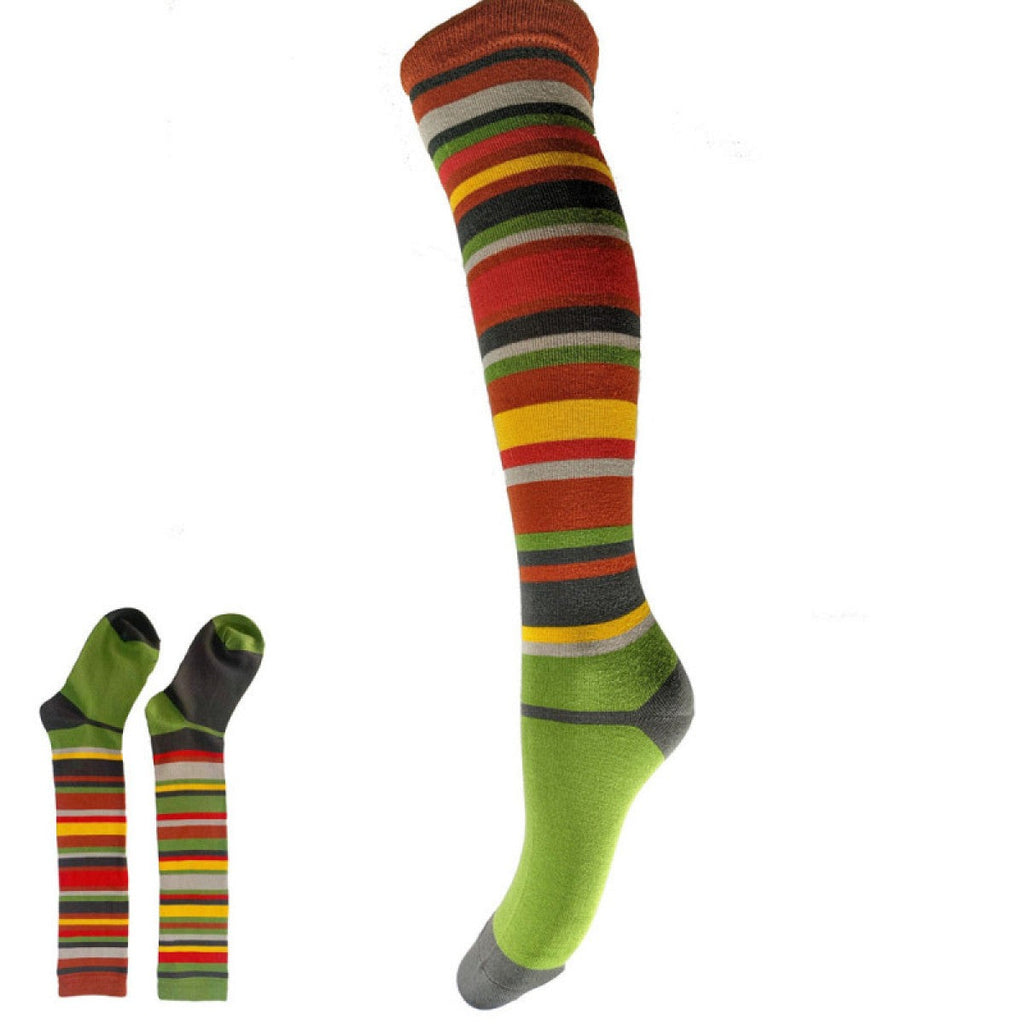 Green knee high bamboo socks with red black and yellow stripes, one foot grey, one foot green, size 4-7