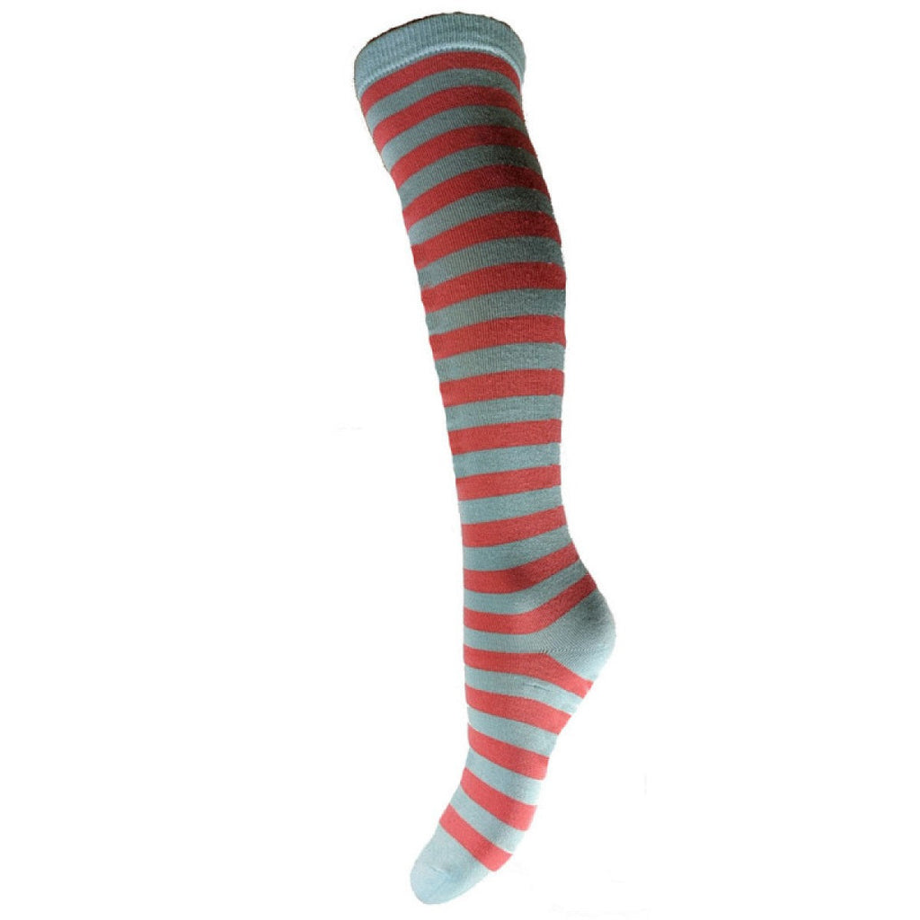 Blue knee high bamboo socks with pink stripes, size 4-7