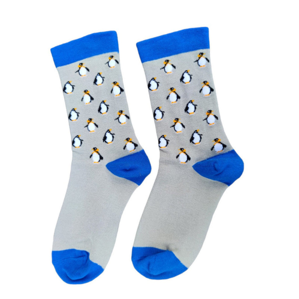 Grey bamboo socks with blue heel toe and cuff and Penguins, size 4-7