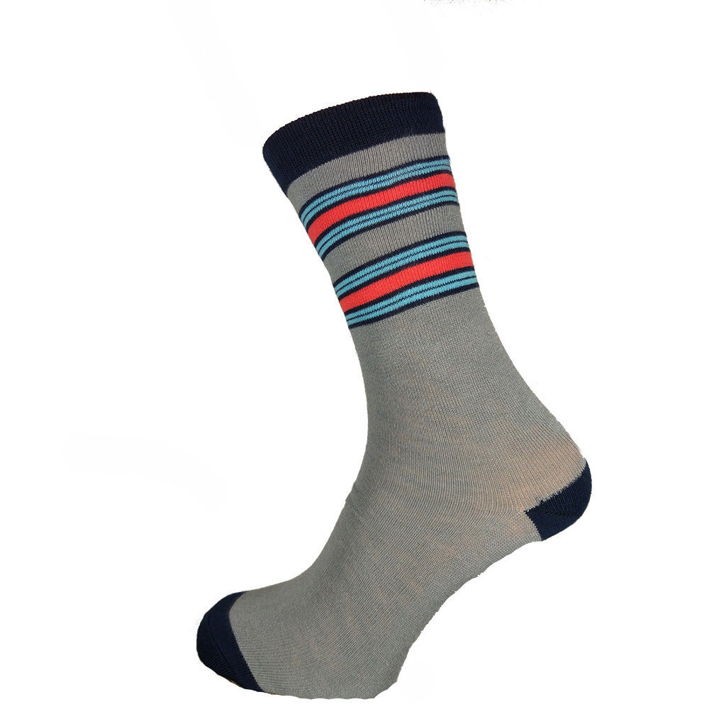 Grey Bamboo socks with blue and red striped cuff