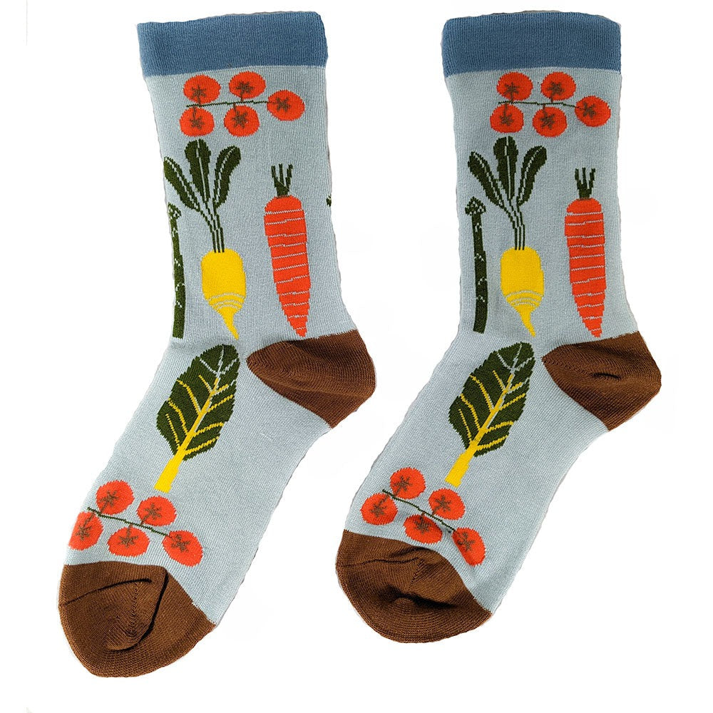 Pale blue bamboo sock with vegetable pictures and brown toe and heel, blue cuff, size 4-7 UK