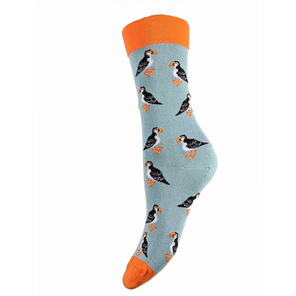 Pale blue bamboo socks with orange toe and cuff with puffin motifs, size 4-7 UK