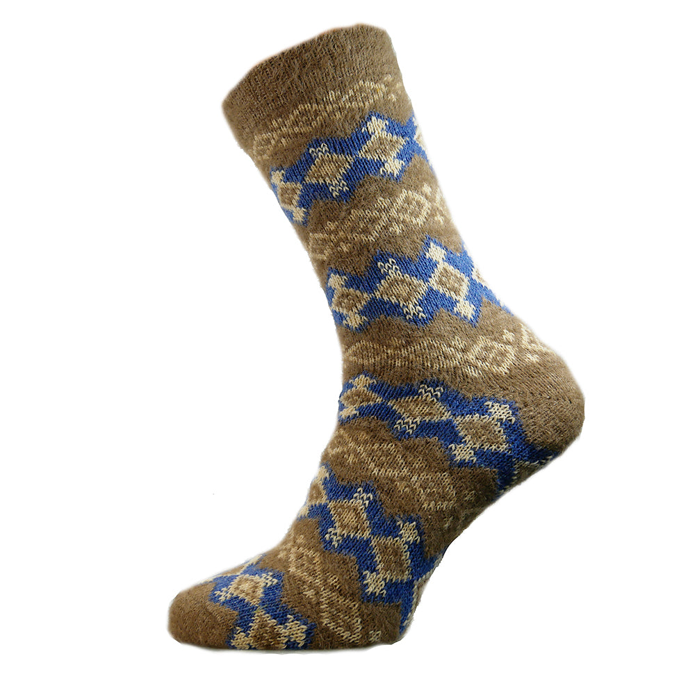 Light brown wool blend socks with blue and cream diamond pattern, size 7-11