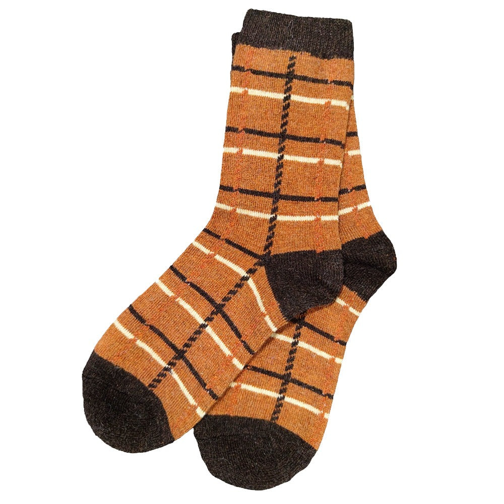Light brown wool socks with dark brown heel toe and cuff with criss cross pattern, size 4-7