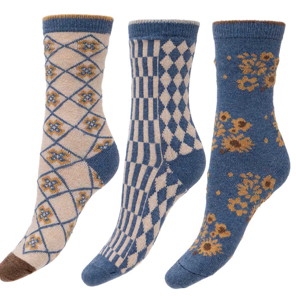 3 pairs of Cream, yellow and blue fine wool blend socks