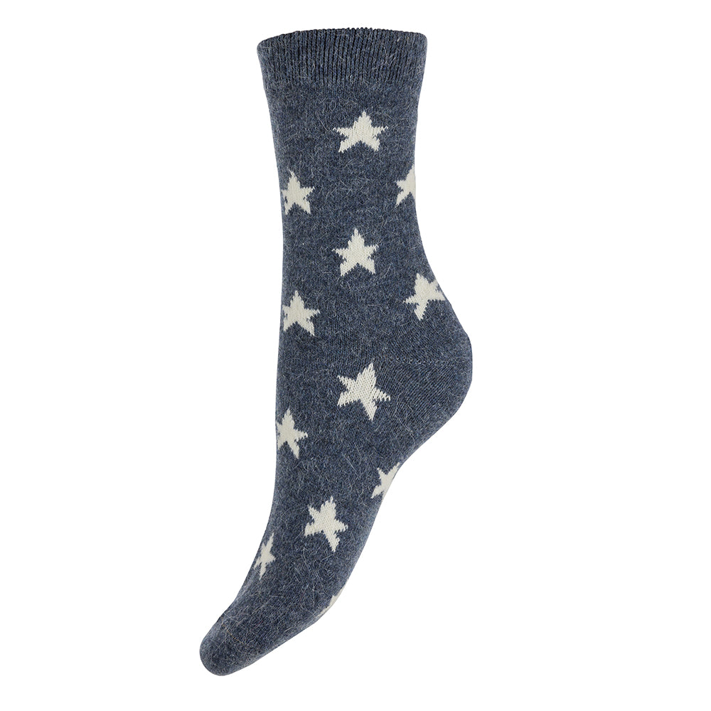 Blue with cream Stars, wool blend socks
