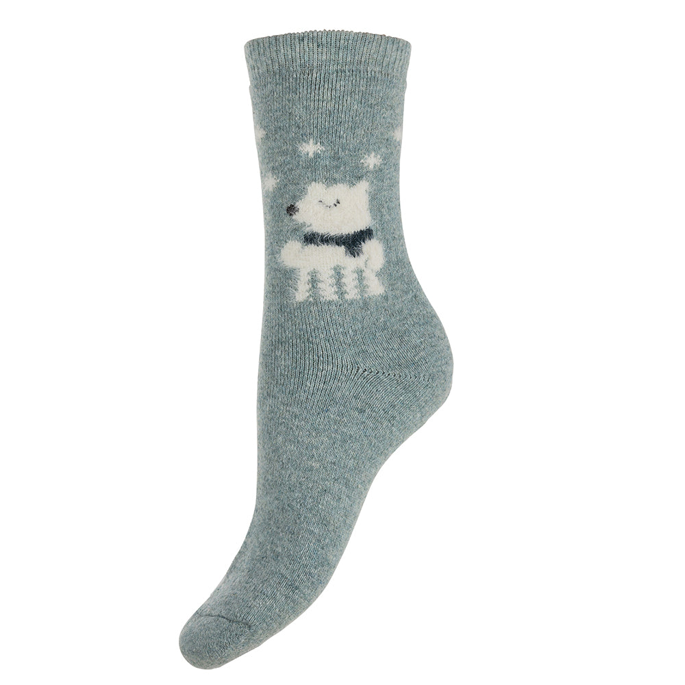 Thick light blue socks with white fluffy dog