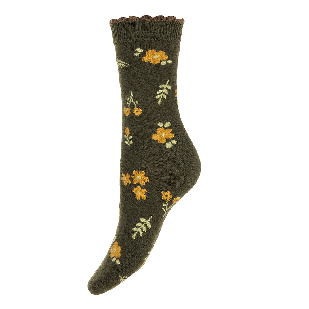 Dark green leaves and flowers wool blend socks