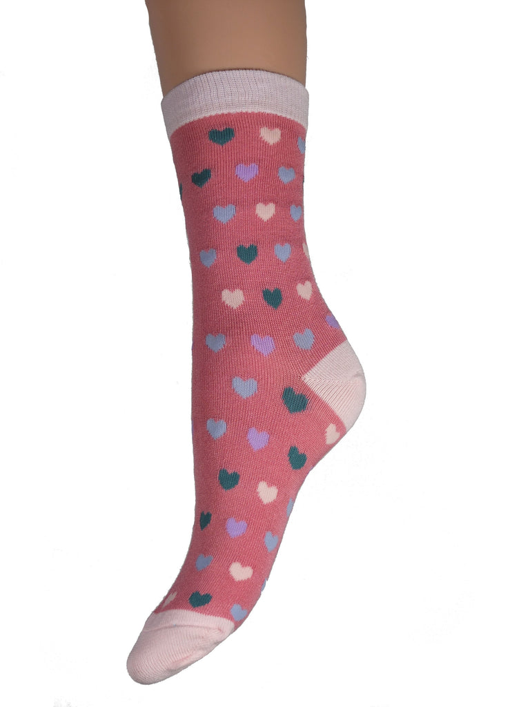 Dark pink bamboo sock with pale pink heel toe and cuff with small multi coloured hearts, UK size 4-7