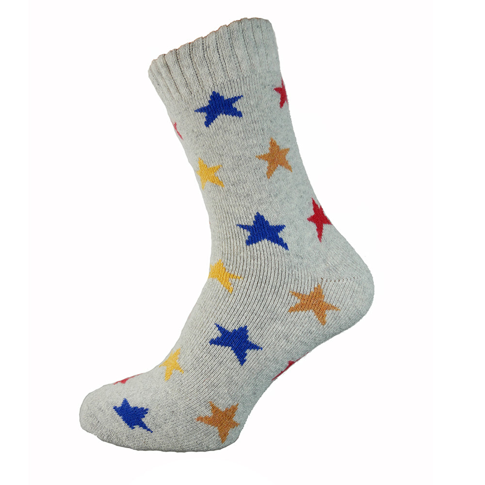 Grey wool blend socks with multi coloured stars