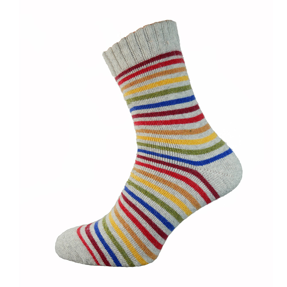 Grey wool blend socks with multi coloured stripes