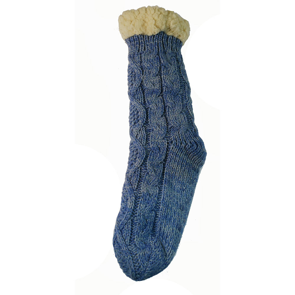 Blue fleece lined cable knit slipper socks