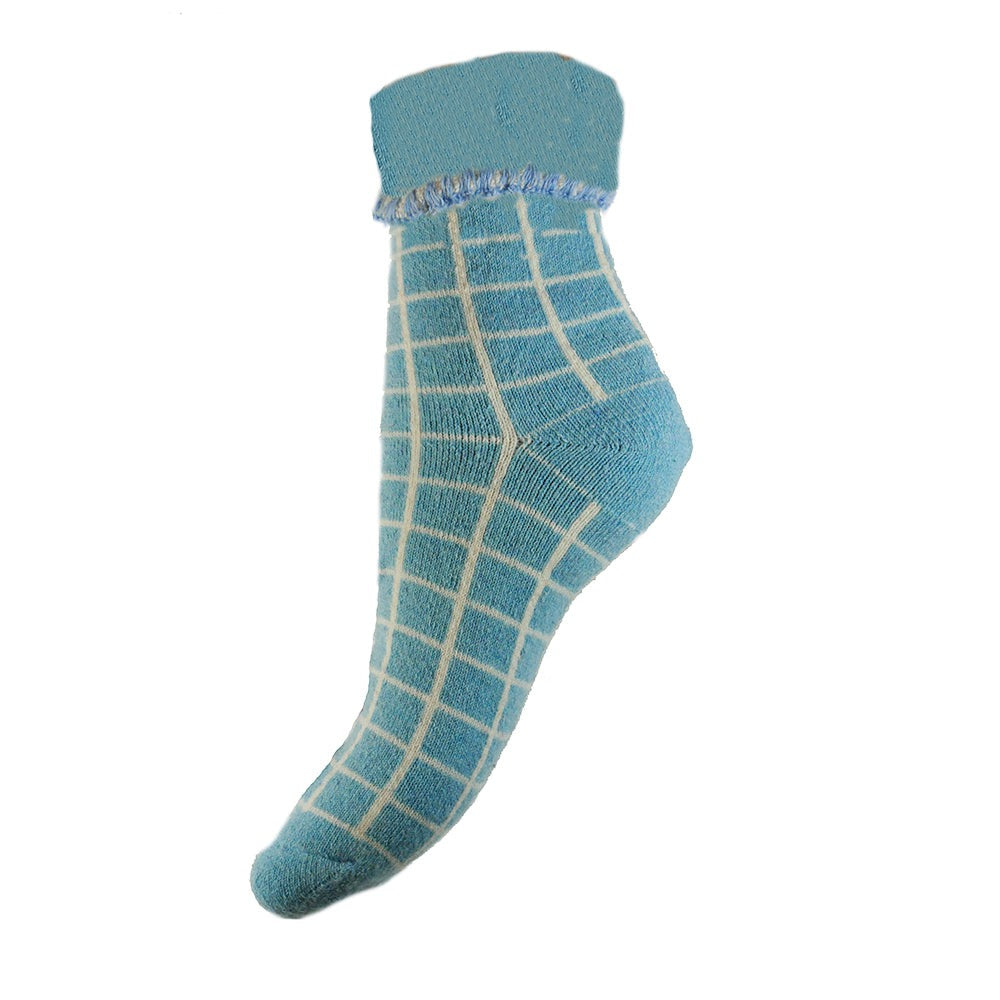Teal cuff socks with cream check