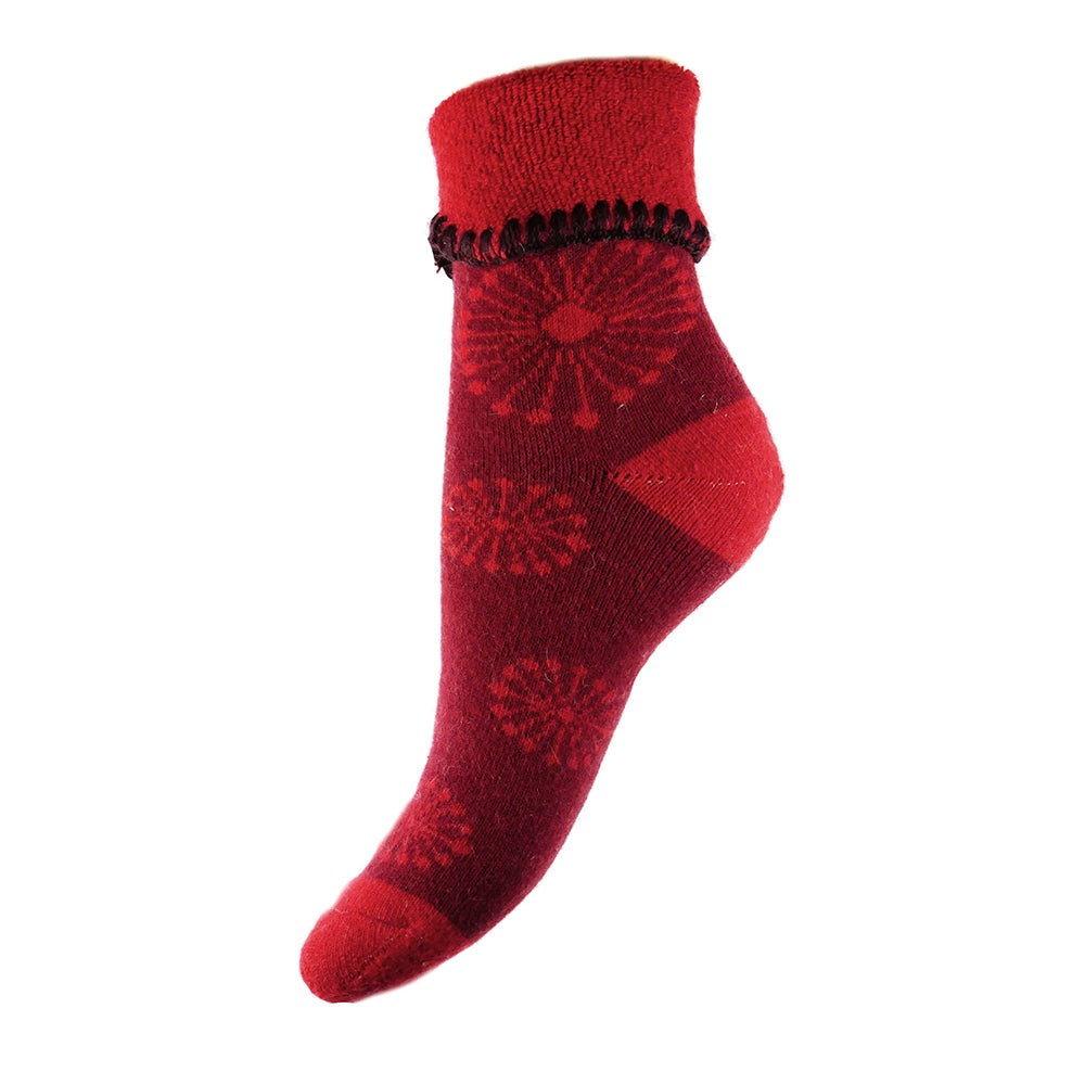 Red cuff socks with flower seed heads