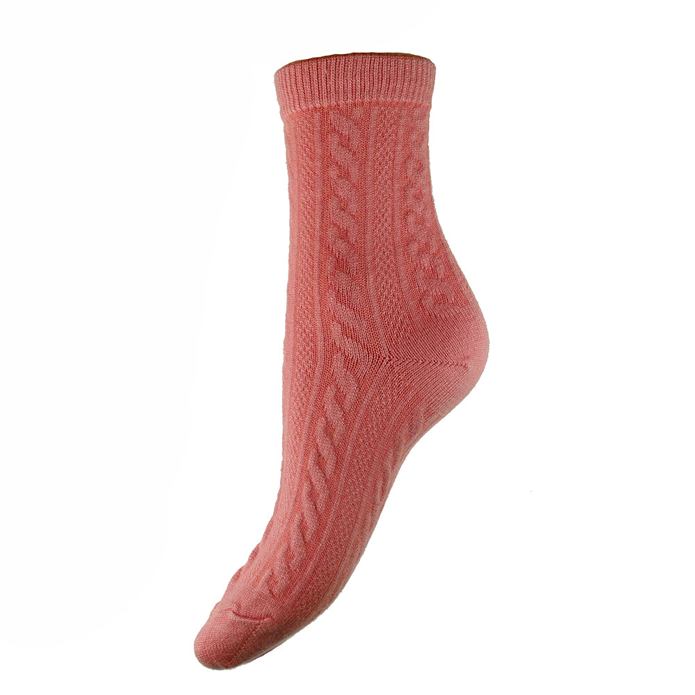 Pink cable knit ladies wool blend socks