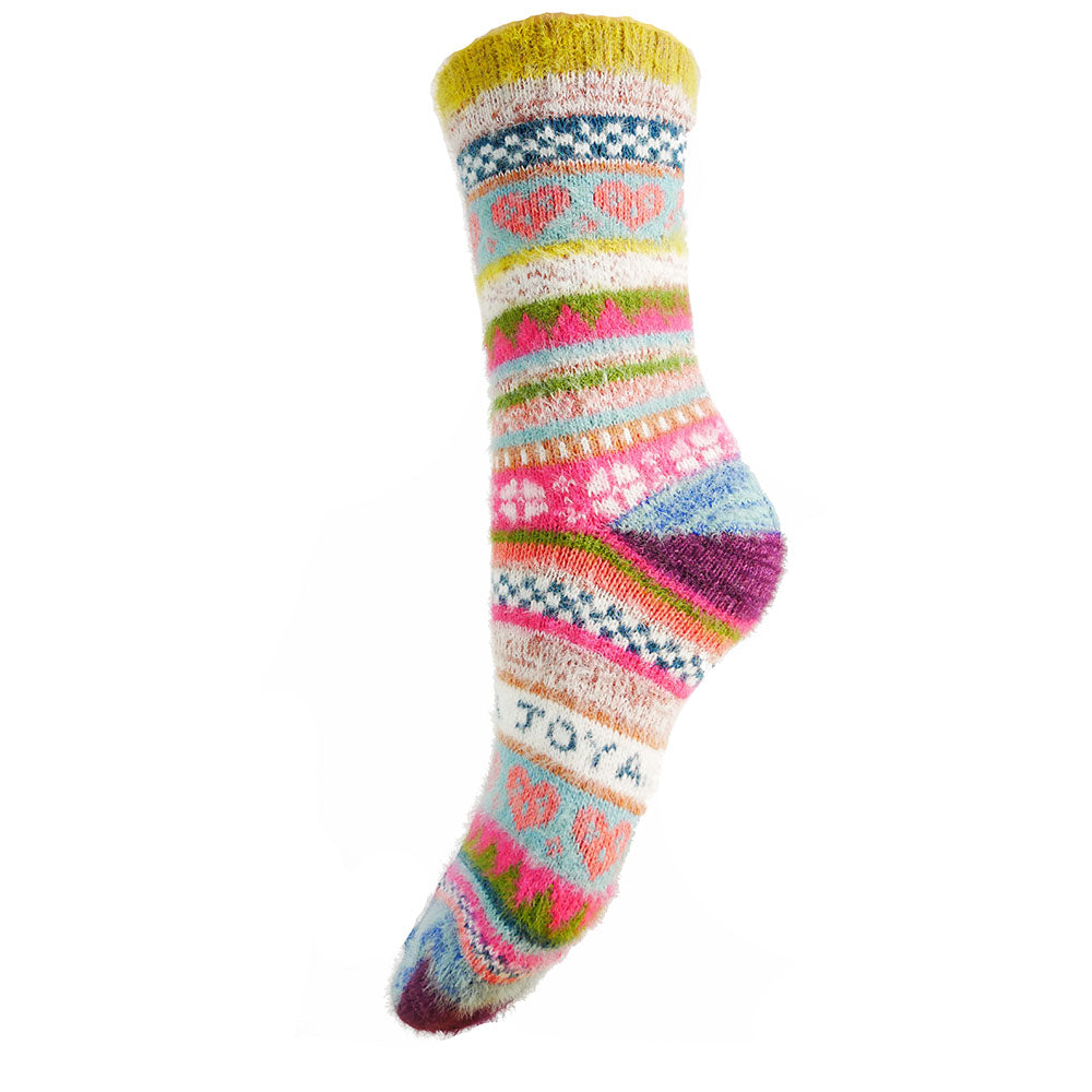 Multi coloured, yellow cuff, Scandi patterned socks