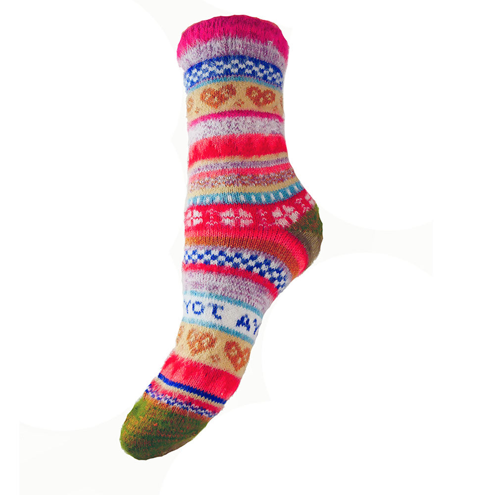 Multi coloured, dark red cuff, Scandi patterned socks