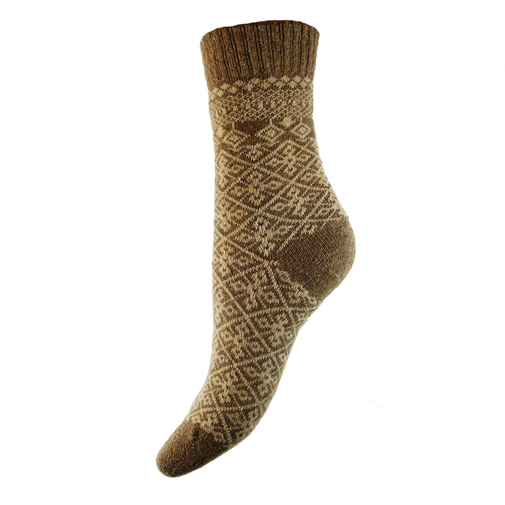 Light brown soft wool blend socks with cream pattern
