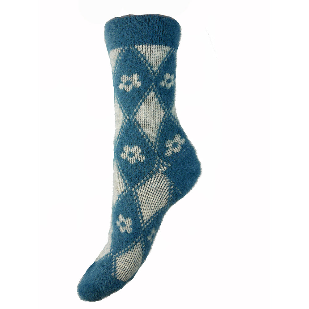 Blue and Cream Flower patterned Wool Blend Socks