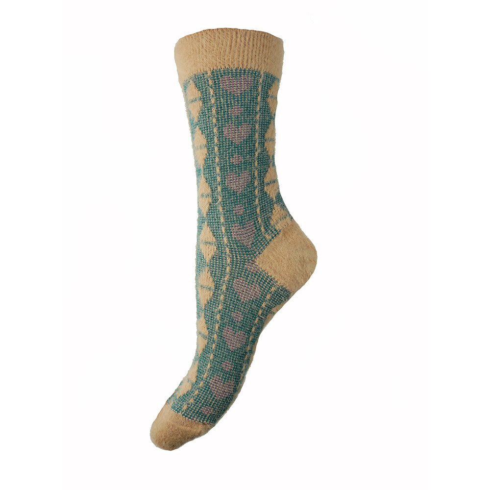Cream and Green heart patterned Wool Blend Socks