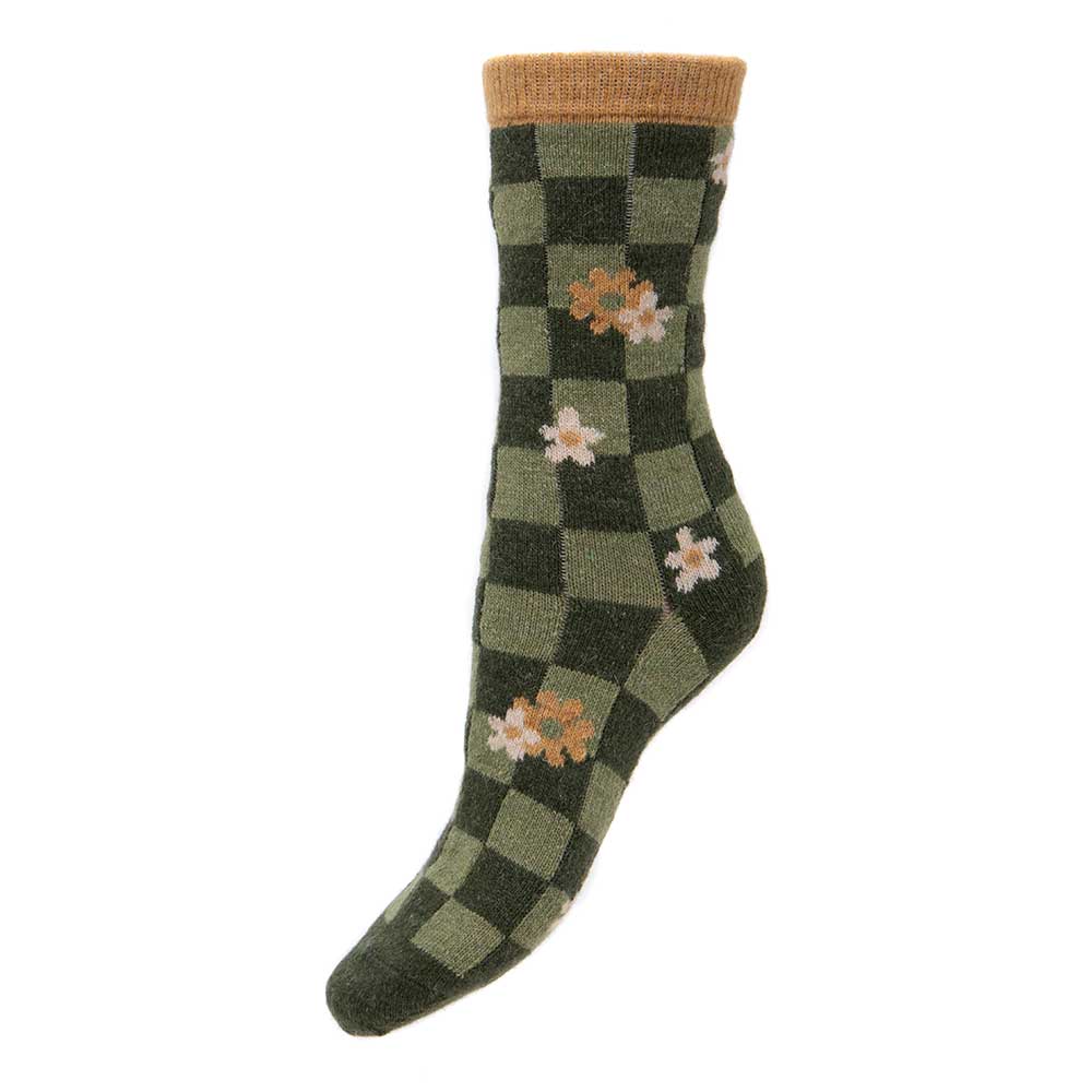 Green check wool blend socks with flowers