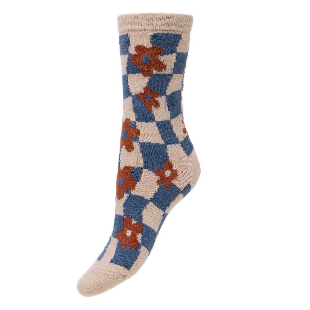 Blue and cream check wool blend socks with flowers
