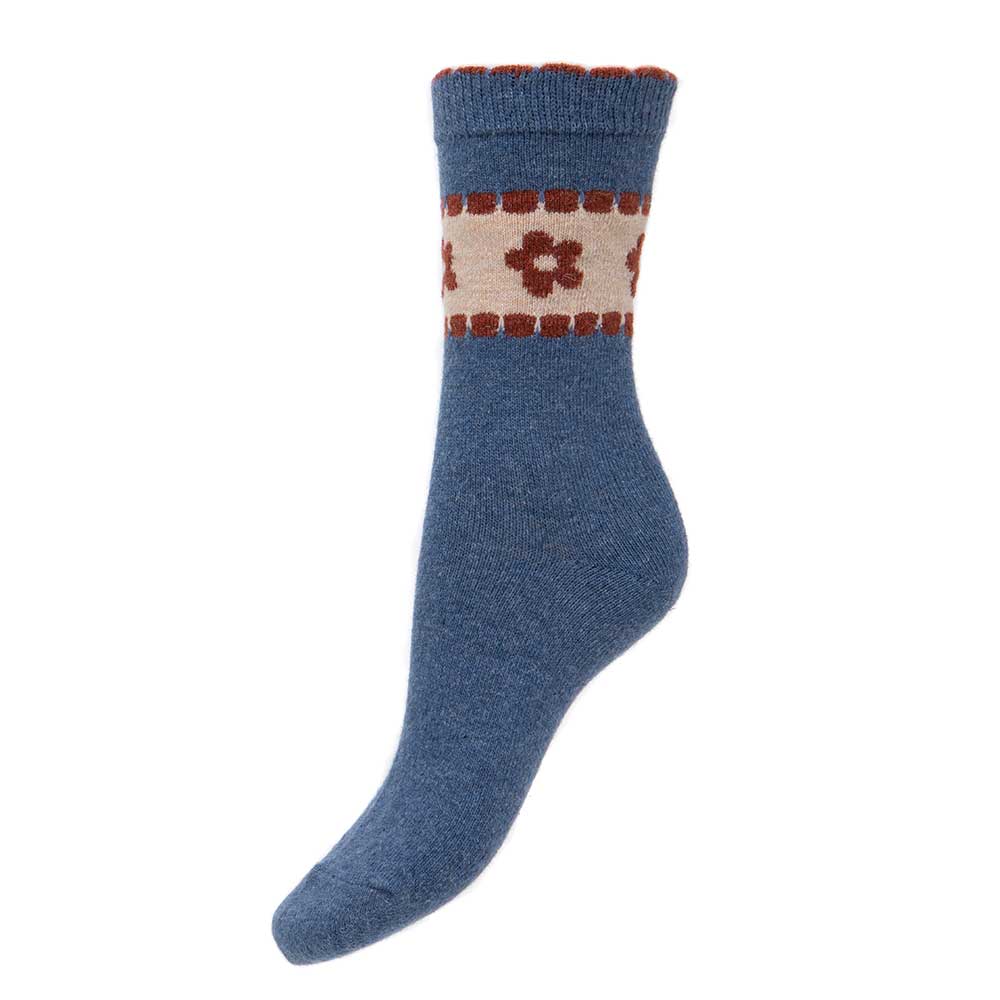 Blue wool blend socks with floral band