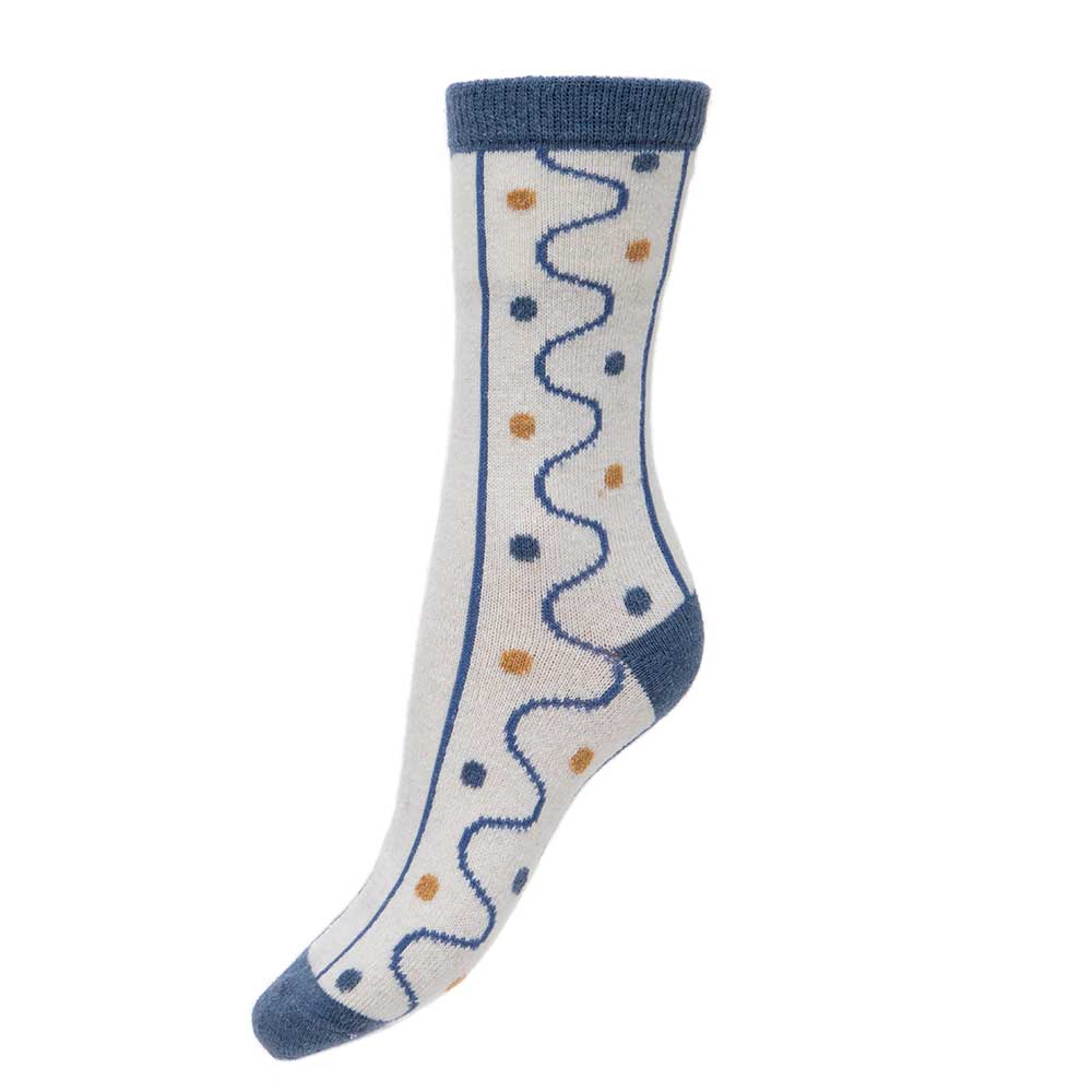Cream wool blend socks with blue lines and dots