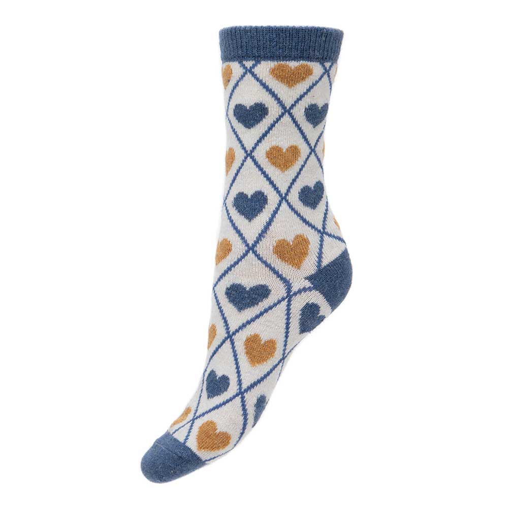 Cream wool blend socks with blue criss cross and hearts