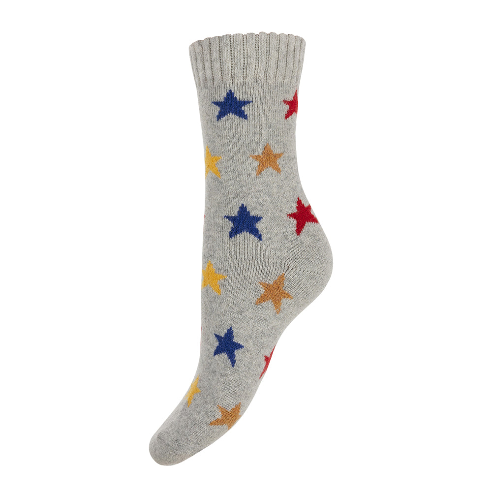 Grey with multi coloured stars Wool Blend socks
