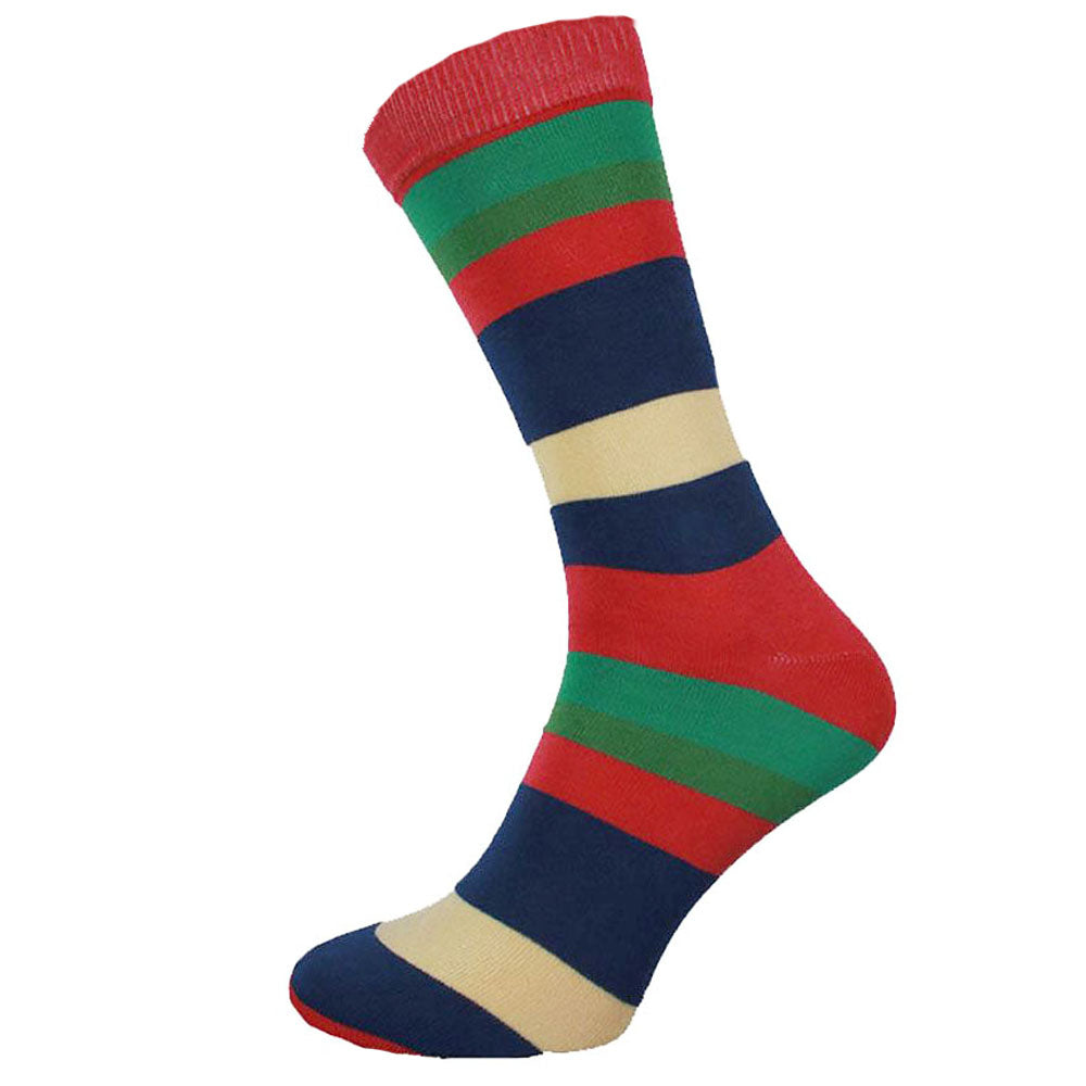 Blue red cream and green wide stripe bamboo socks, size 7-11