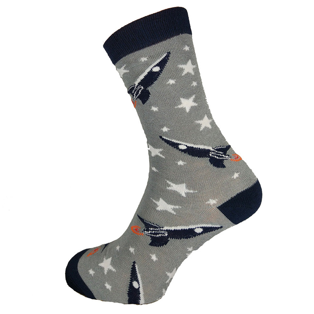 Grey bamboo socks with blue heel toe and cuff with Rocket ships and stars motif, size 7-11