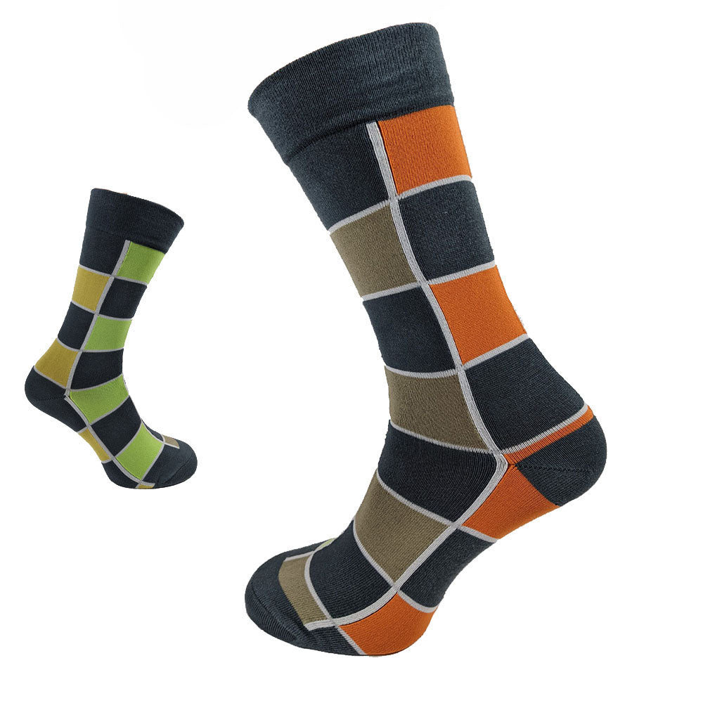 Grey Bamboo socks with orange, beige, green and yellow checks, size 7-11