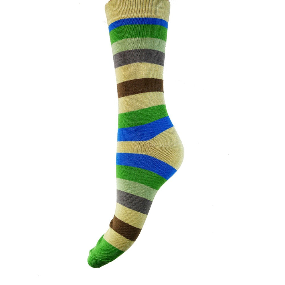 Beige green and blue striped ladies bamboo sock size 4-7 UK