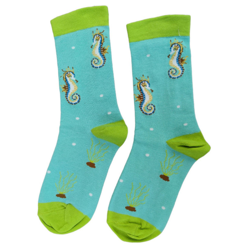 Turquoise blue bamboo socks with green heel toe and cuff and Sea Horses, size 4-7