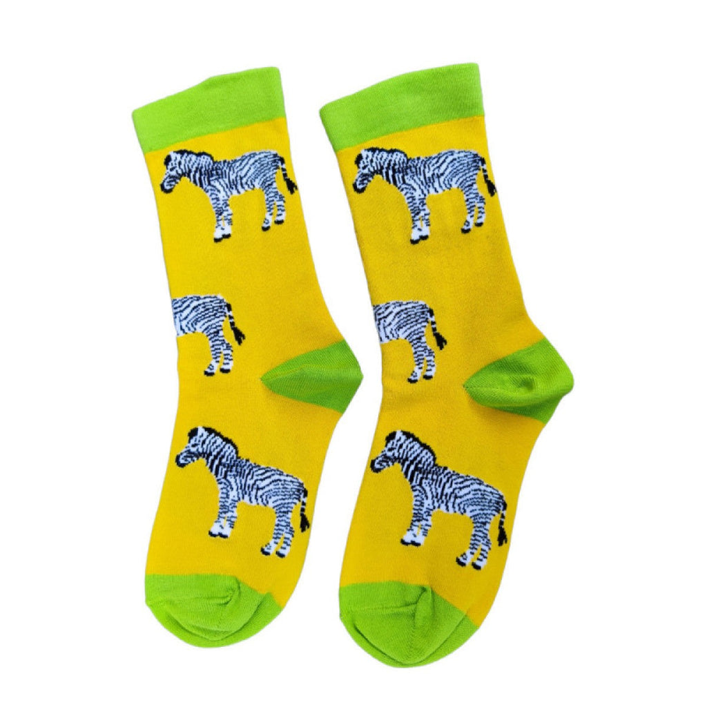 Yellow bamboo socks with green heel toe and cuff and Zebras, size 4-7