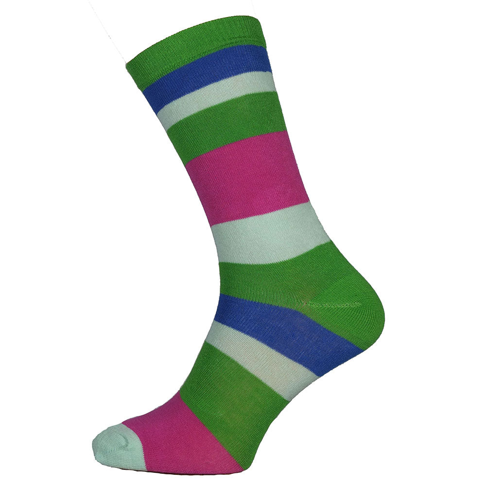 Green, blue and pink wide stripe bamboo socks, size 7-11