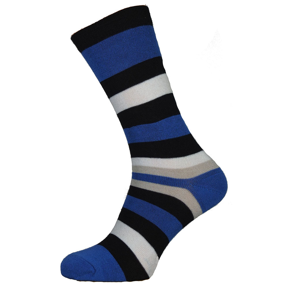 Blue white and black wide stripe bamboo socks, Bath Rugby colours, size 7-11