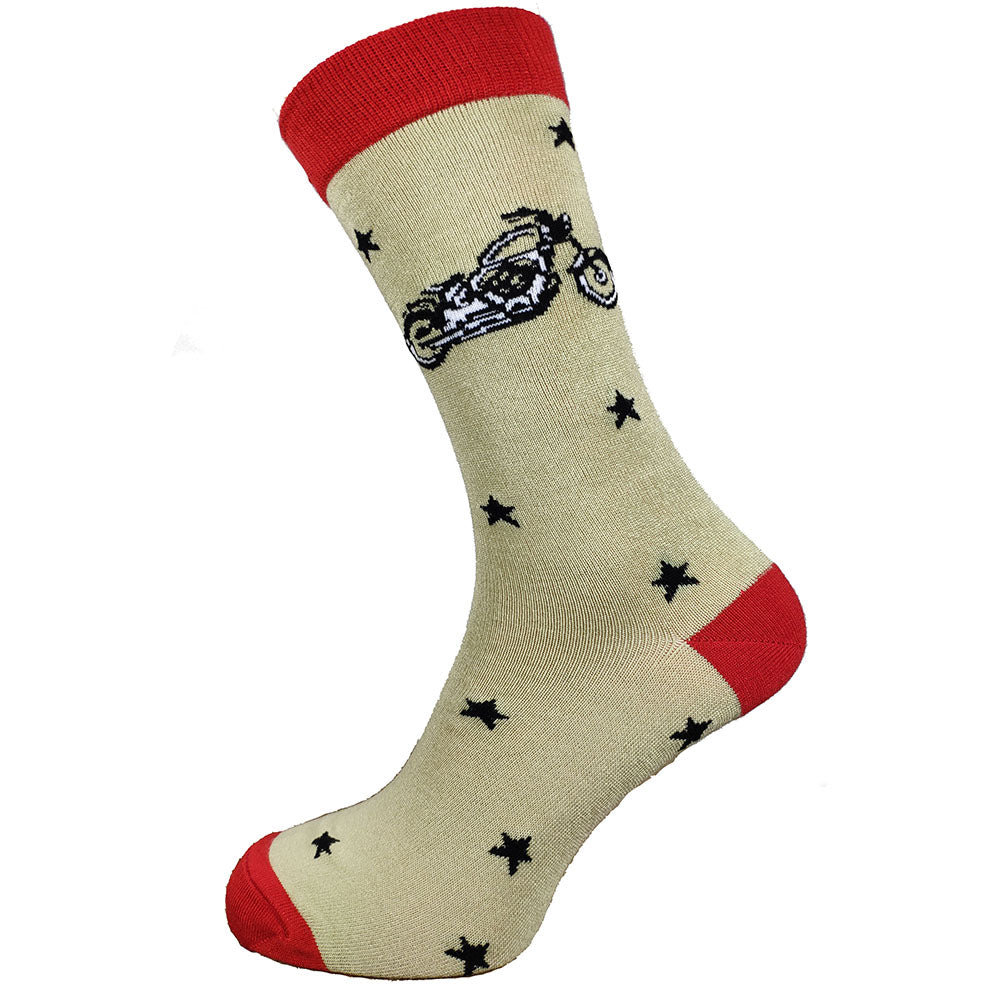 Cream bamboo socks with red heel toe and cuff and Harley Davidson motif with stars, size 7-11