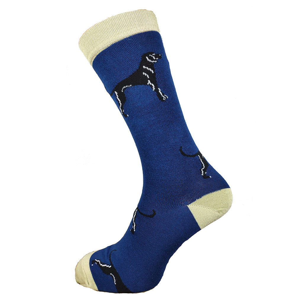 Blule bamboo socks with cream heel toe and cuff with Black Labrador motif, size 7-11