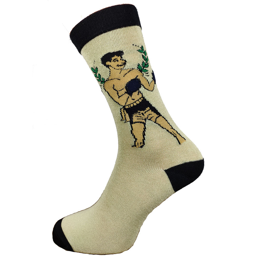 Pale yellow bamboo socks with black heel to and cuff and Boxer picture, size 7-11