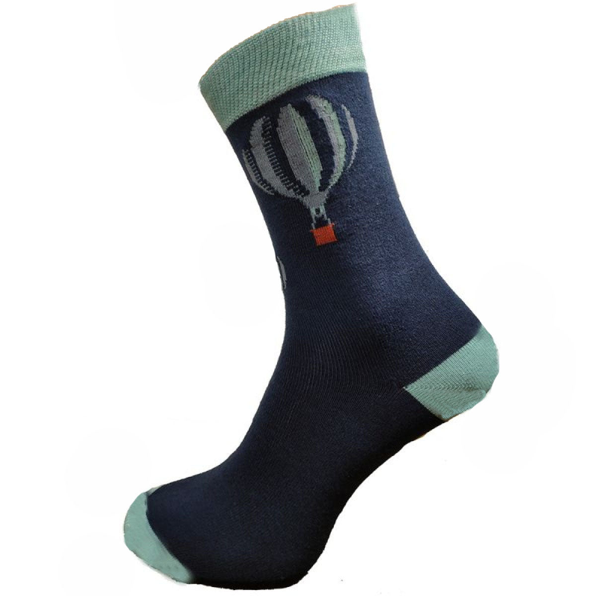 Dark blue bamboo sock with air ballon motif, pale blue heel toe and cuff, size 7-12 UK