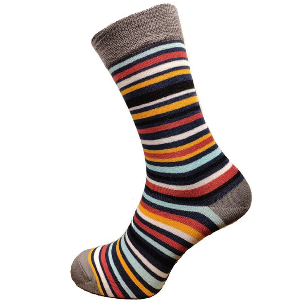Grey bamboo socks with thin black, yellow red and white stripes, size 7-11
